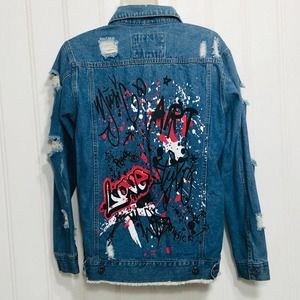 Boho Denim Jacket Graphic Distressed Size M